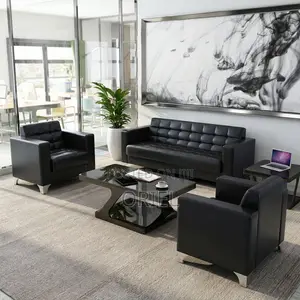 Offiec Bench : 5-Seater Padded Black Leather Office Couch Set