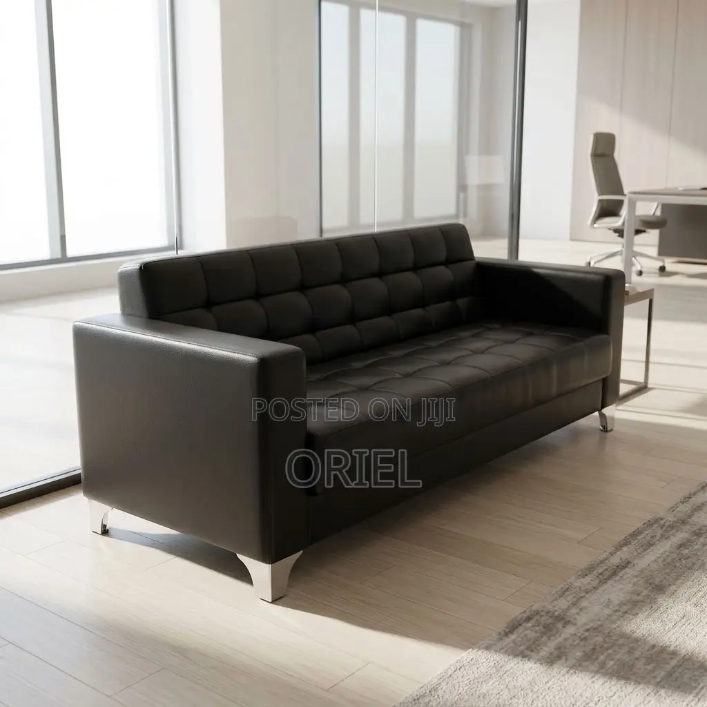 Offiec Bench : 5-Seater Padded Black Leather Office Couch Set