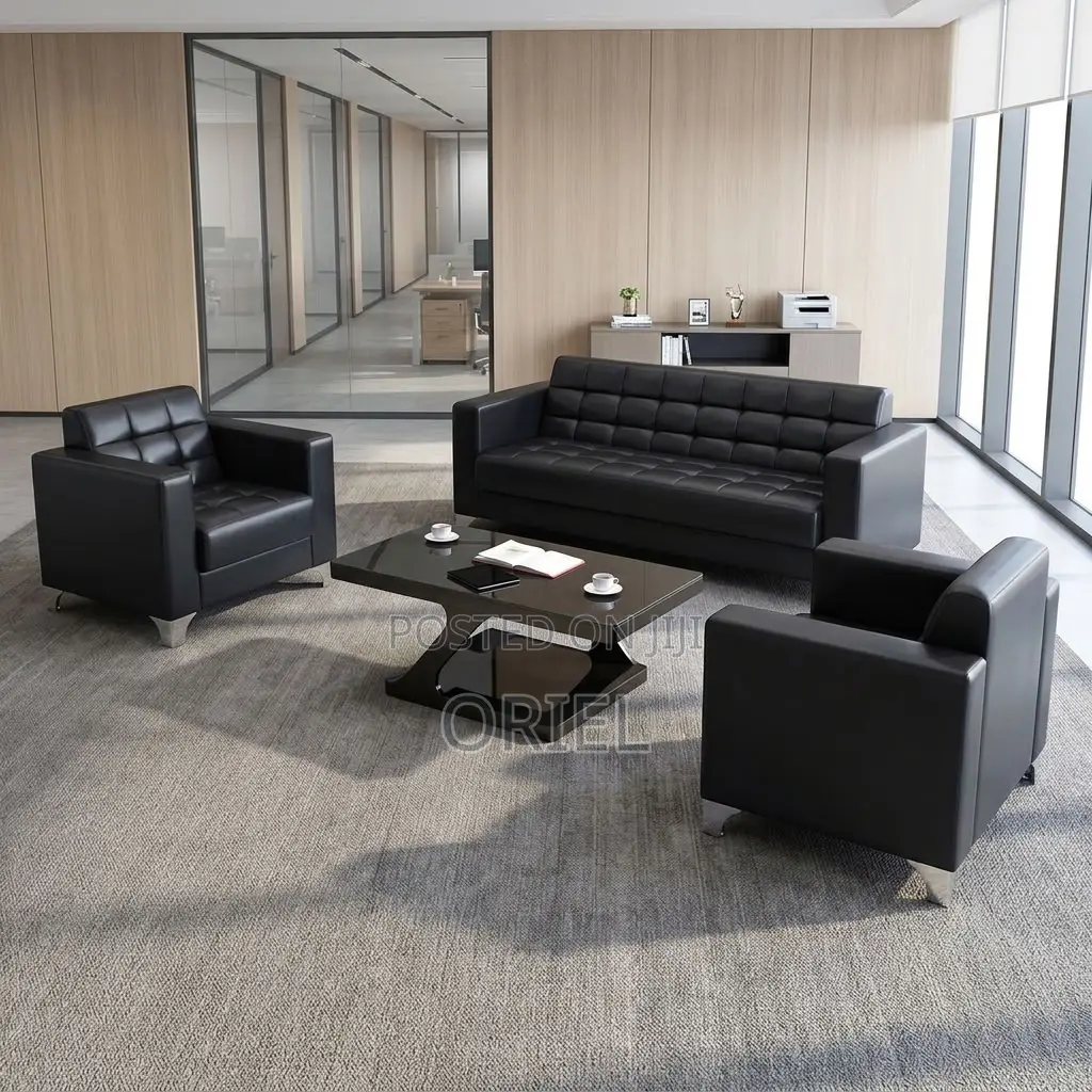 Offiec Bench : 5-Seater Padded Black Leather Office Couch Set