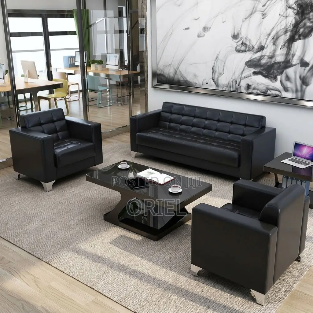 Offiec Bench : 5-Seater Padded Black Leather Office Couch Set