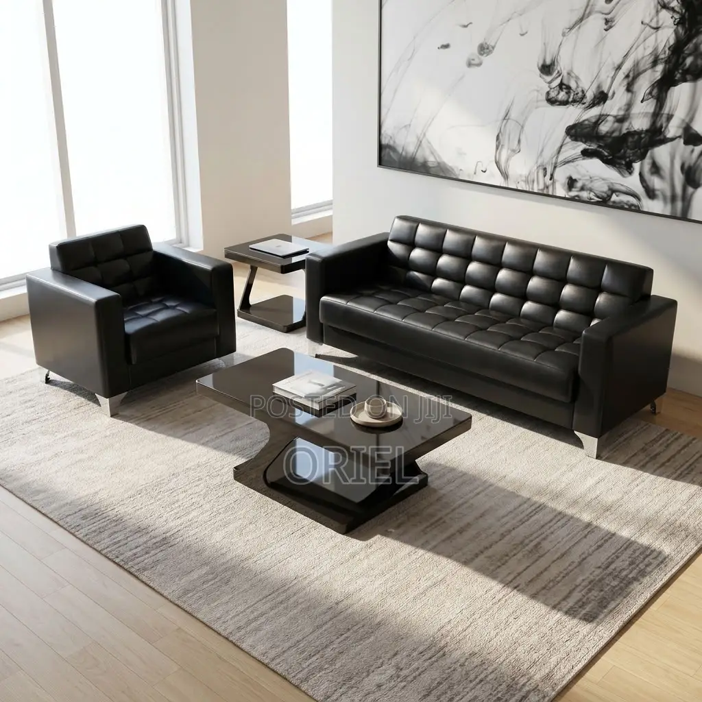 Offiec Bench : 5-Seater Padded Black Leather Office Couch Set