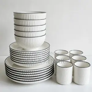 24pcs White Ceramic Dinner Set - 6 Plates, 6 Bowls, 6 Cups - Heavy - C