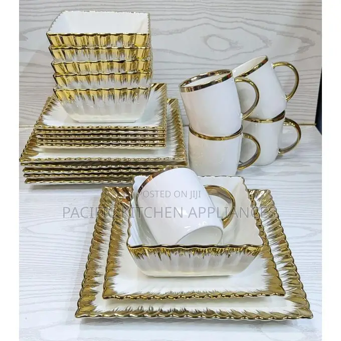 Ceramic 24 PCS Luxury Gold-Rimmed Square Dinnerware Set