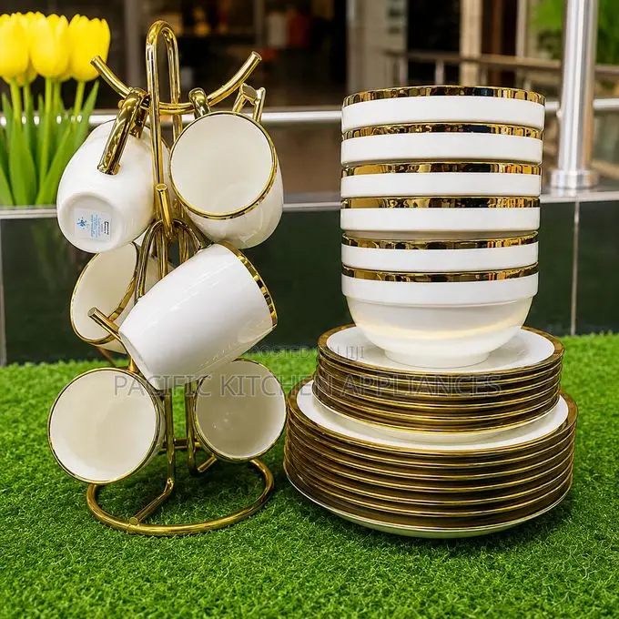 Ceramic 24pcs White Dinner Set With Golden Rims– Elegant Tableware