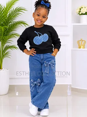 Kids Denim Pants With Bow and Pearl Detail