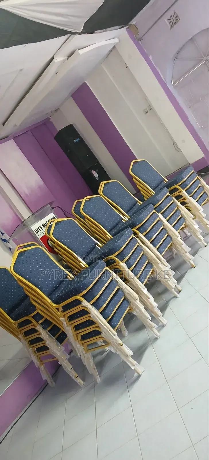 Blue Dotted Fabric With Gold Metal Frame Church Chair
